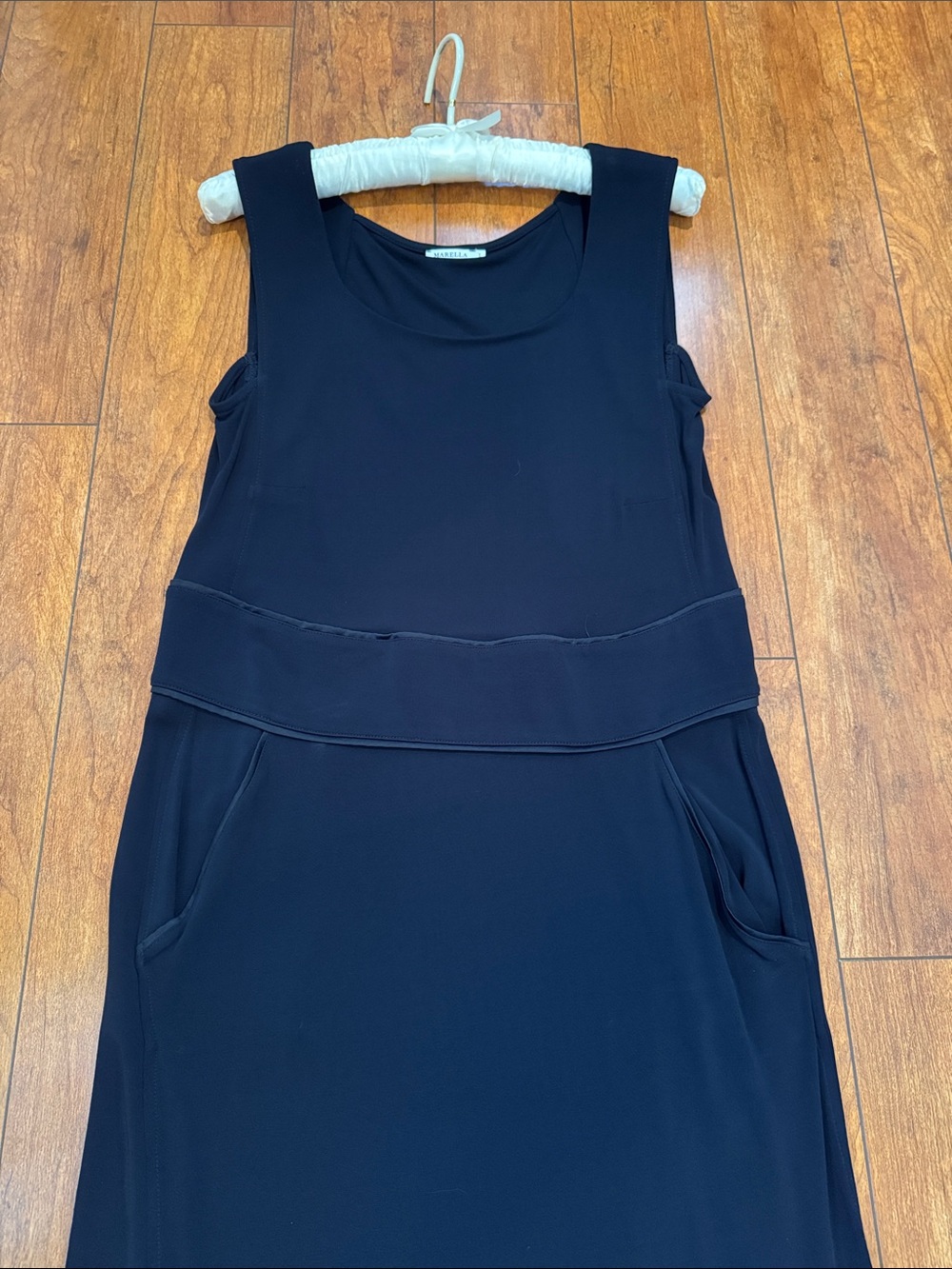 MARELLA Navy Sleeveless Midi Dress with Waistband and Pockets